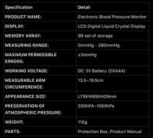 Load image into Gallery viewer, Specification table of Blind Weight Blood Pressure Monitor, an add-on for eating disorder monitoring.